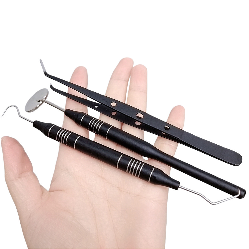 Dental Mirror Probe - ชุดเครื่องมือทันตกรรมสีดำและทอง 3 ชิ้น ทำจากสแตนเลส: กระจกตรวจฟัน, หัวตรวจ