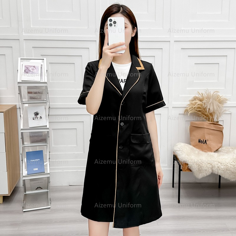 Lab Coat Medical - ความงามสีดําชุดBeautycian Robeผู้หญิงSalon Lab CoatพยาบาลMedical ScrubsสีชมพูโรงพยาบาลสปาWorkclothesโลโก้