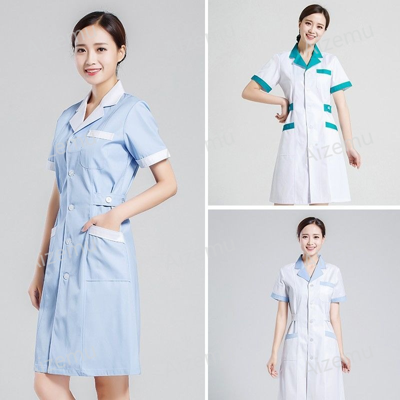 Lab Coat Medical - ชุดยูนิเซ็กซ์แขนสั้นสำหรับร้านเสริมสวย สีขาว ชุดยูนิฟอร์มแพทย์ ชุดคลุมแล็บ ชุดยูนิฟอร์มสำหรับร้านตัดขนสัตว์และสปา รับสกรีนโลโก้