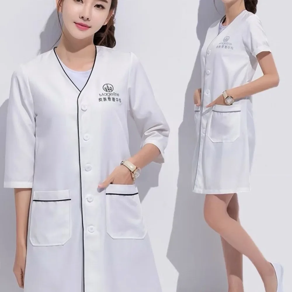 Lab Coat Medical - ชุดยูนิฟอร์มเสริมสวยพนักงานดูแลผิวหน้า ชุดทำงานสปา สีขาว ไซส์ใหญ่ เสื้อกาวน์แขนสั้น ชุดสครับสำหรับร้านเสริมสวย